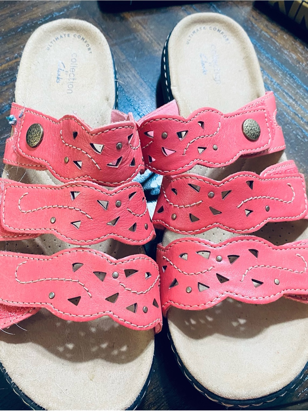 Clarks Women’s Coral Pink Laser-Cut Three-Strap Clog Sandals